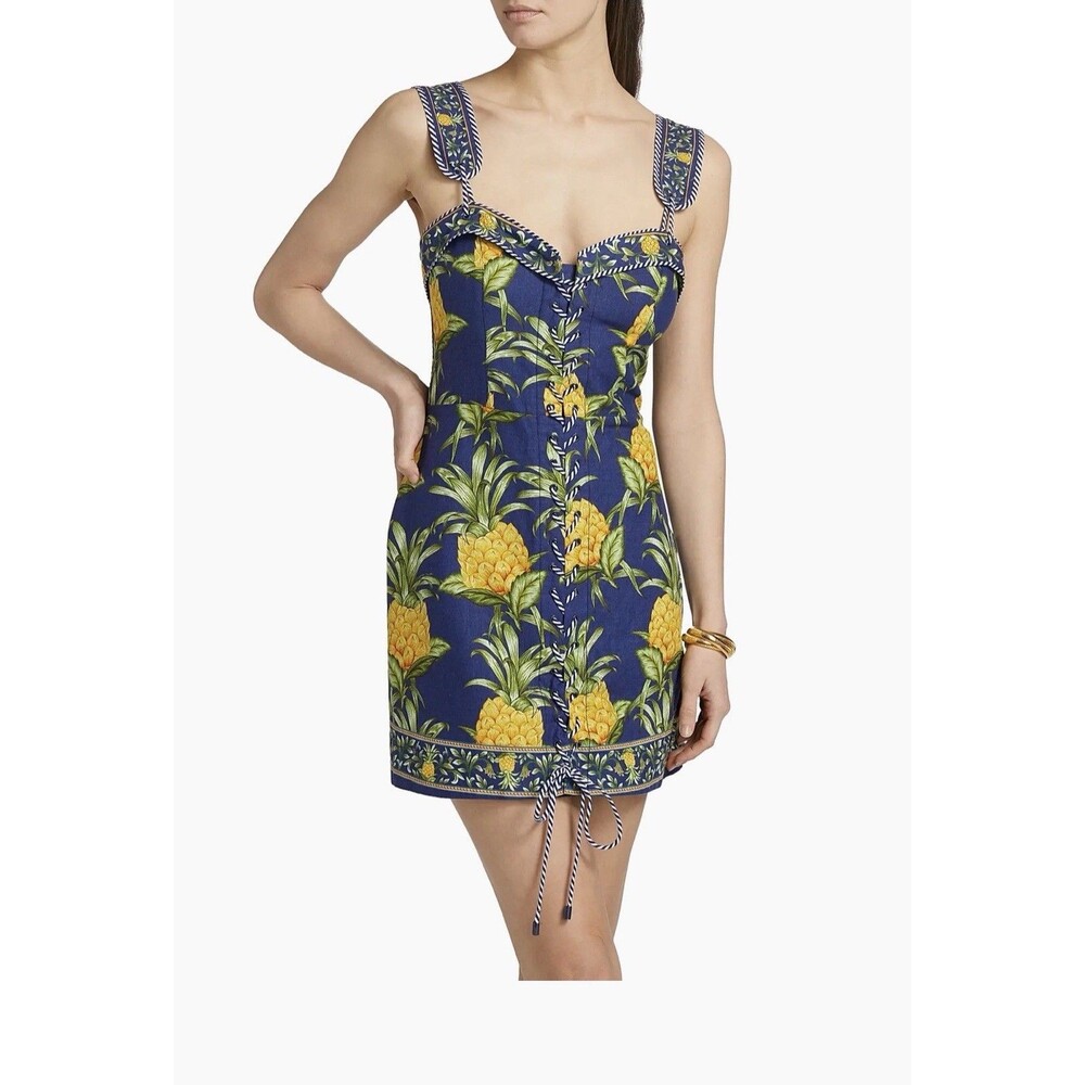 Farm Rio Delicate Pineapple Lace-Up Minidress Linen Blend Size Large New
